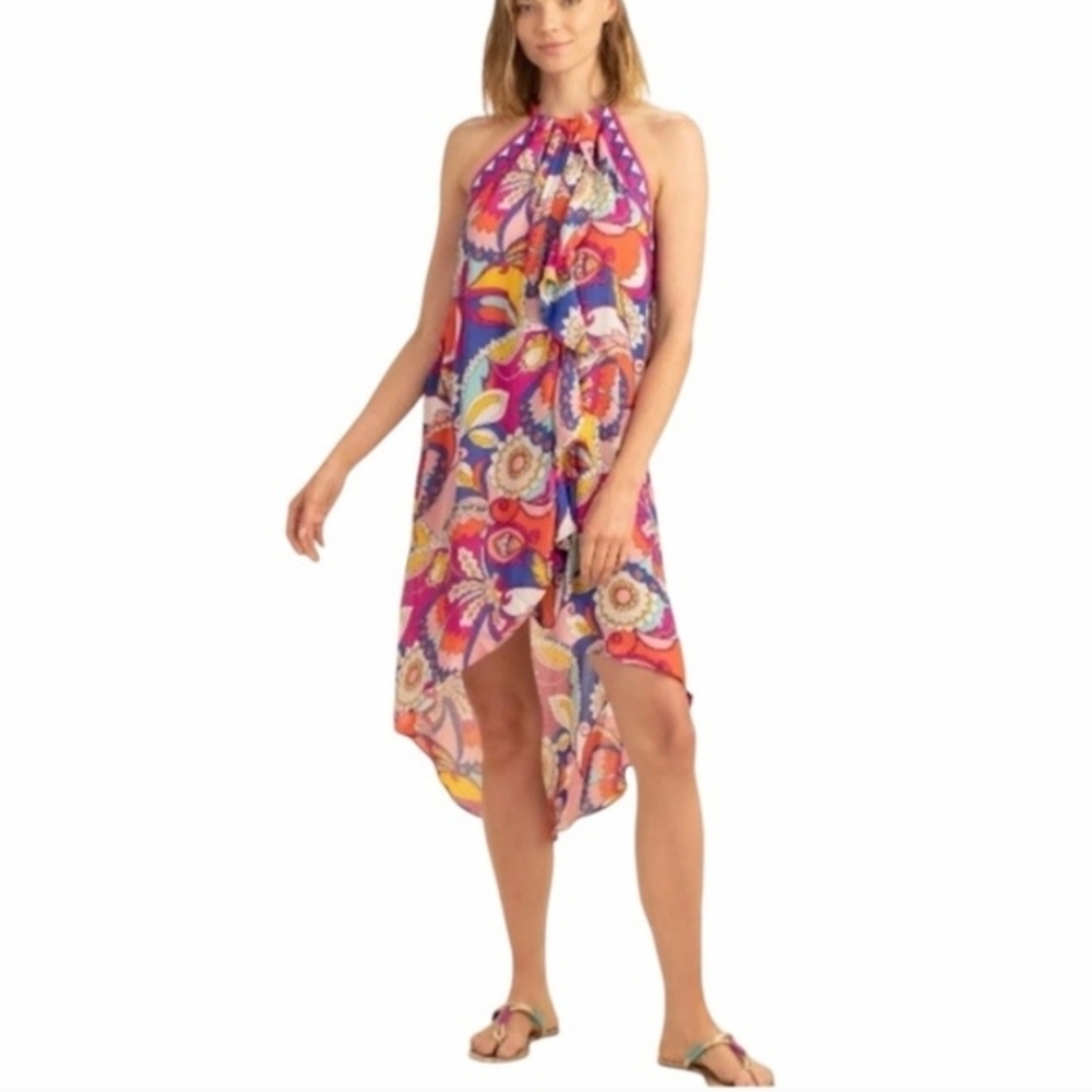 Trina Turk Women's Sevilla Midi Dress Swimwear Cover-up Colorful Tie Back Large